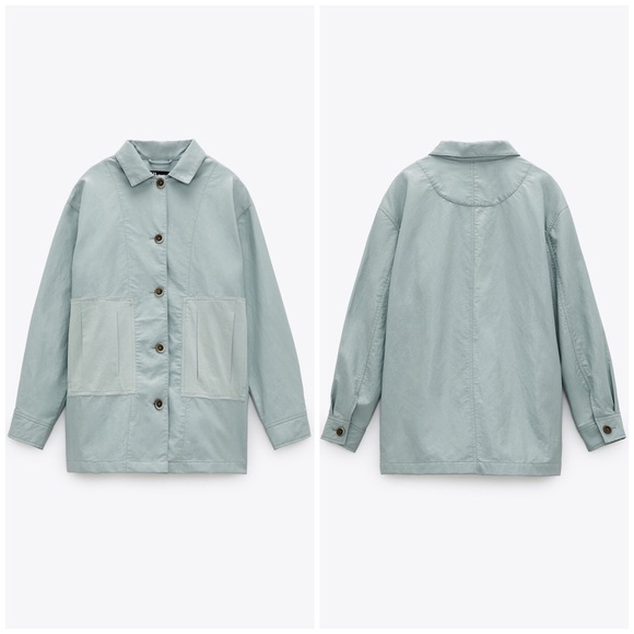 Zara | Combination Overshirt Faux Leather Jacket Sky Nlie NWT Size M - Picture 2 of 9